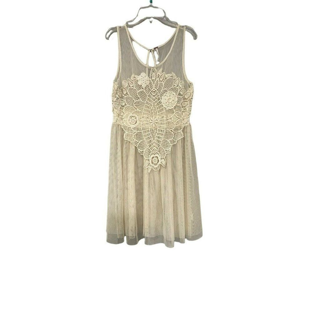 Free People‎ Cream Beige Lace Sheer Dress Top Boho Embroidered Small
